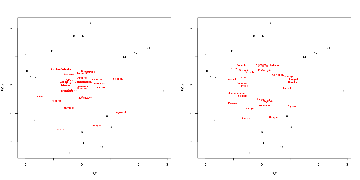 PCA of the Dutch dune meadow data set. Both biplots are drawn using species scaling, but the one on the right standardizes the species scores.